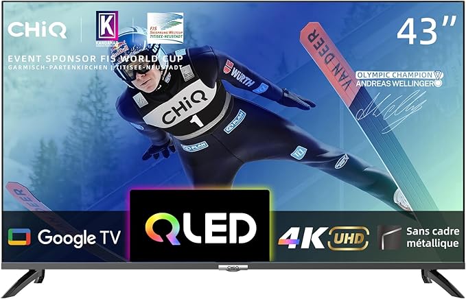 CHIQ TV Intelligente U43QM8G 43 Pouces, UHD QLED avec HDR, sans Cadre et métallique, Google TV, Dolby Audio, Syntoniseur Triple, Wi-FI 2,4G/5G, Google Assistant, HDMI 2.1, USB2.0, Modèle 2023 Noir