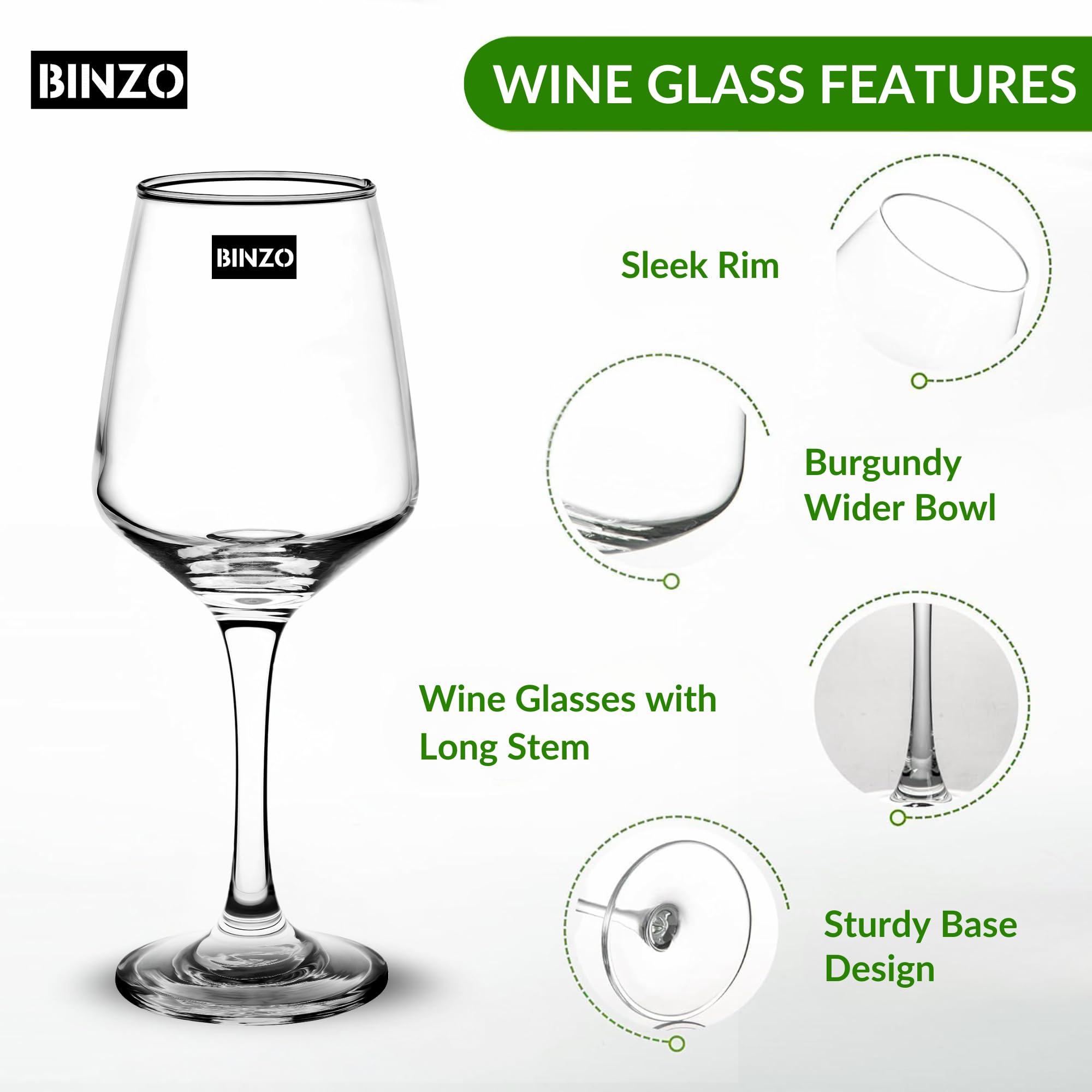 BINZO Glass Wine Glasses for Red Wines, White Wines, Set of 6, 430 ml, Dishwasher Safe, Perfect for Serving Wines, Pack of 6 2