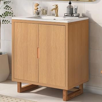Malwee 30 Inch Freestanding Bathroom Vanity with Sink, 30 Floor Standing Bathroom Vanity, Modern Vanity with 2 Doors and White Resin Basin Sink Top