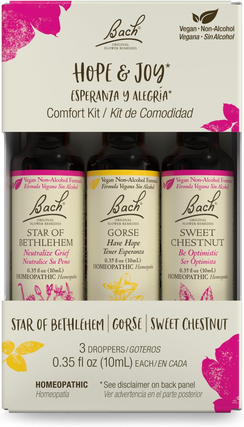 Bach Original Flower Remedies, Hope & Joy Kit, For Comfort & Optimism (Non-Alcohol Formula), Natural Homeopathic Flower Essence, Vegan, 3 x 10mL Droppers