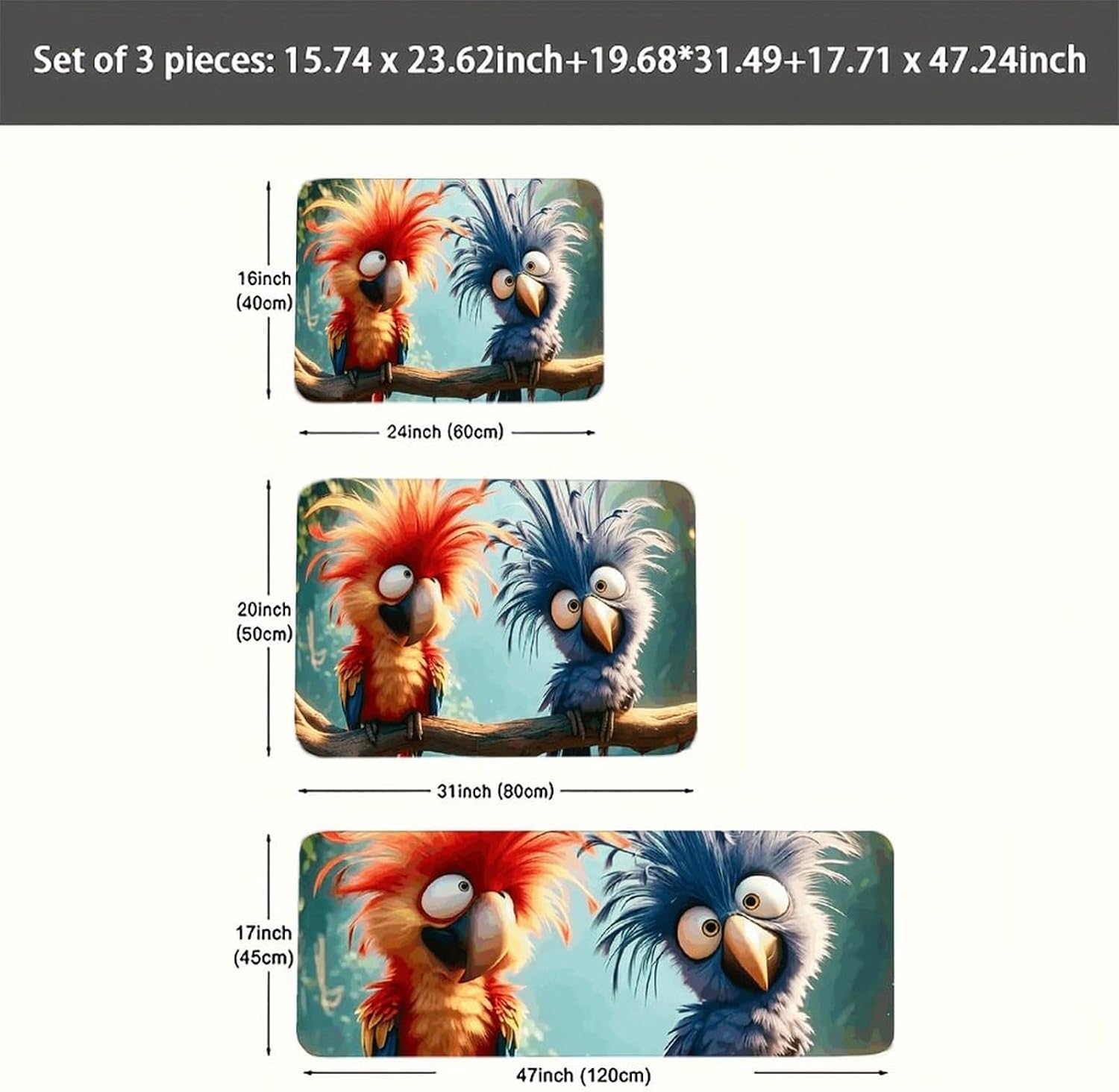 Two Funny Parrots Kitchen Mats for Floor 3 Pcs Kitchen Rugs