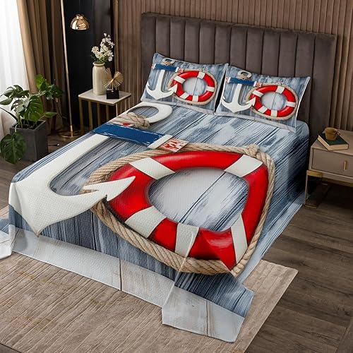 Miniatura 6 de Erosebridal Juego de colcha náutica, juego de cama de barco de vela, juego de ropa de cama con temática oceánica de acuarela, colcha individual de