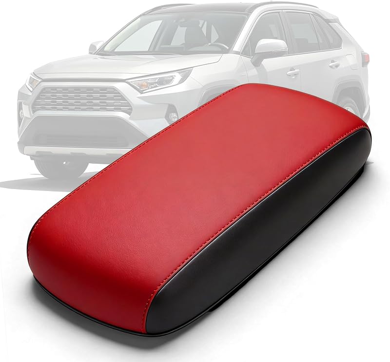 Capa para Apoio de Braço do Console Toyota RAV4 2019-2025 AOMSAZTO Preta com Couro Vermelho