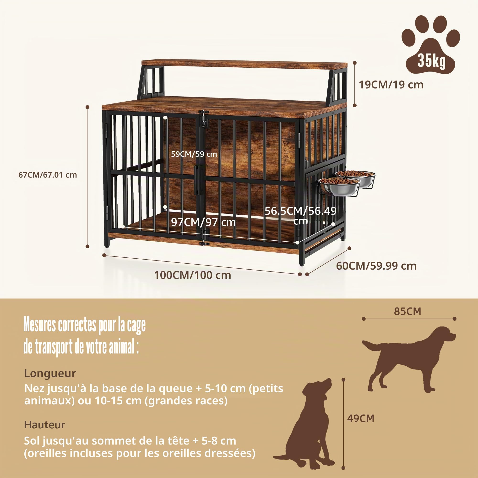 Cage pour chien, meuble pour la maison, 100 x 60 x 85 cm, cage pour chien en bois avec gamelles pivotantes, niche pour chien de style meuble avec espace de rangement pour chiens jusqu'à 35 kg
