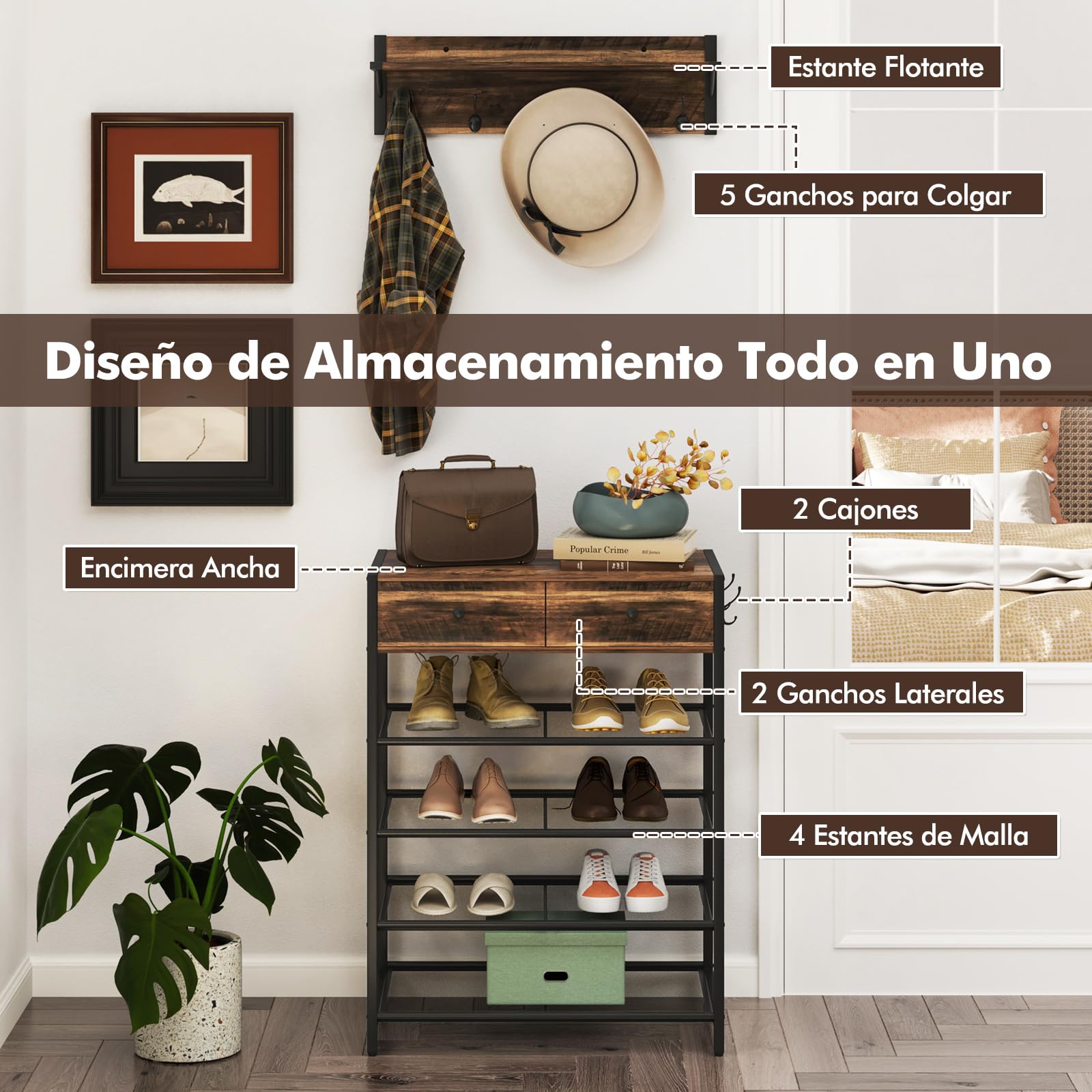 GOPLUS Juego de Zapatero y Perchero Multifuncional | Organizador de Entrada con 5 Ganchos, Estante, 2 Cajones y 4 Estantes para Zapatos