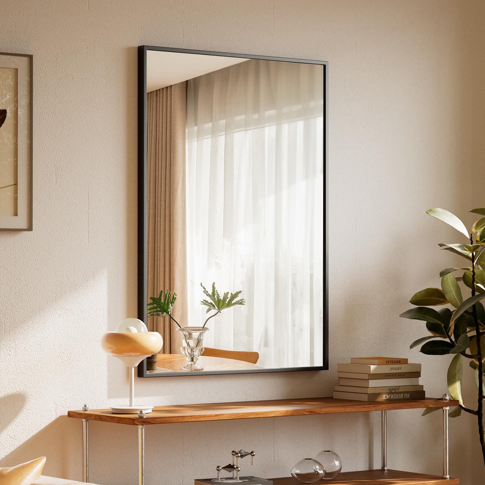 BEAUTYPEAK 76x51cm Rechteckiger Wandspiegel, Badezimmerspiegel mit schwarzem Aluminiumrahmen, Bruchsicherer Wandspiegel für Bad, Schlafzimmer, Wohnzimmer, Rectangular Bathroom Mirror