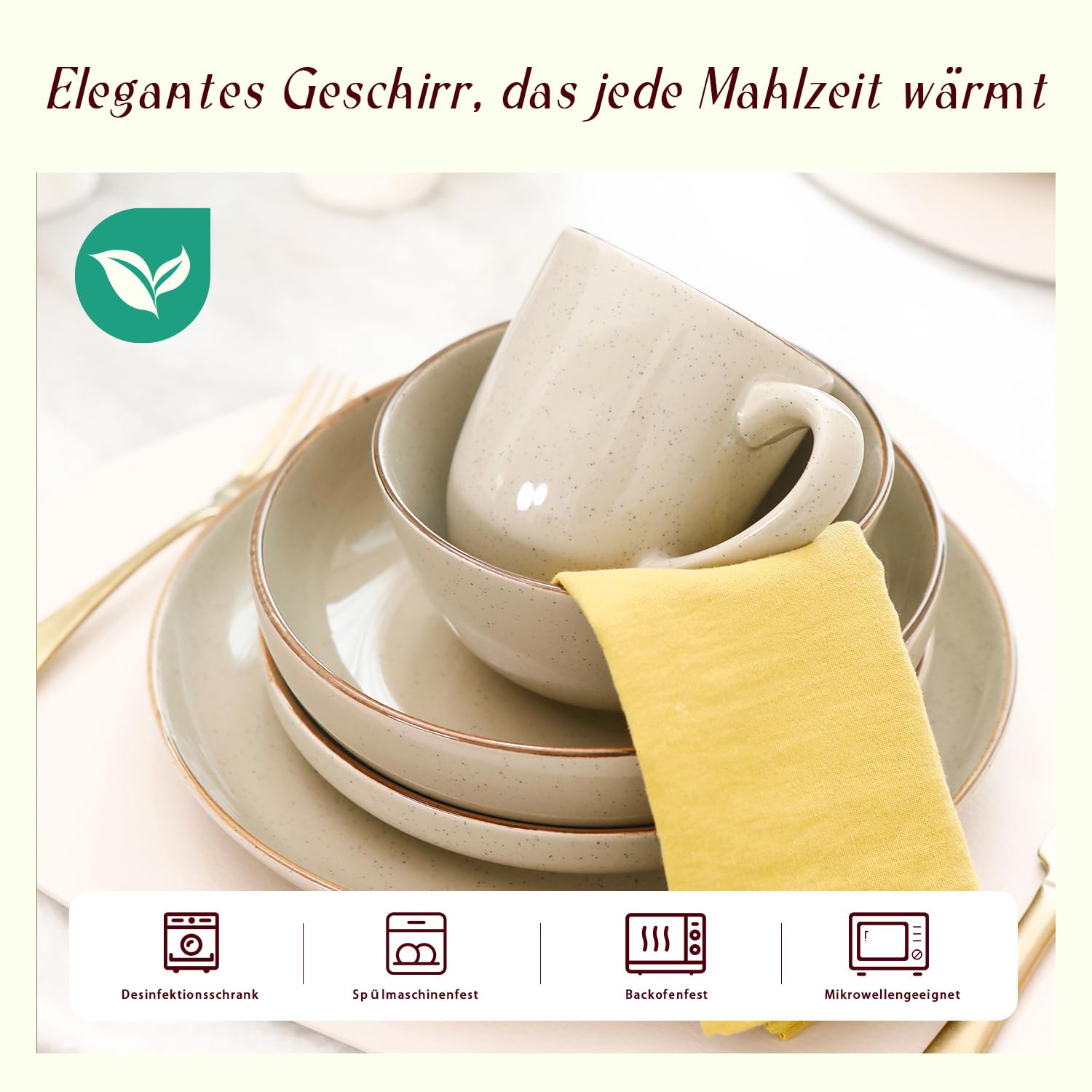 HomeVSS 20-teiliges Geschirrset – für 4 Personen, glänzend glasierte beige Teller und Schüsseln mit Sprenkeleffekt, mikrowellen- und spülmaschinenfest