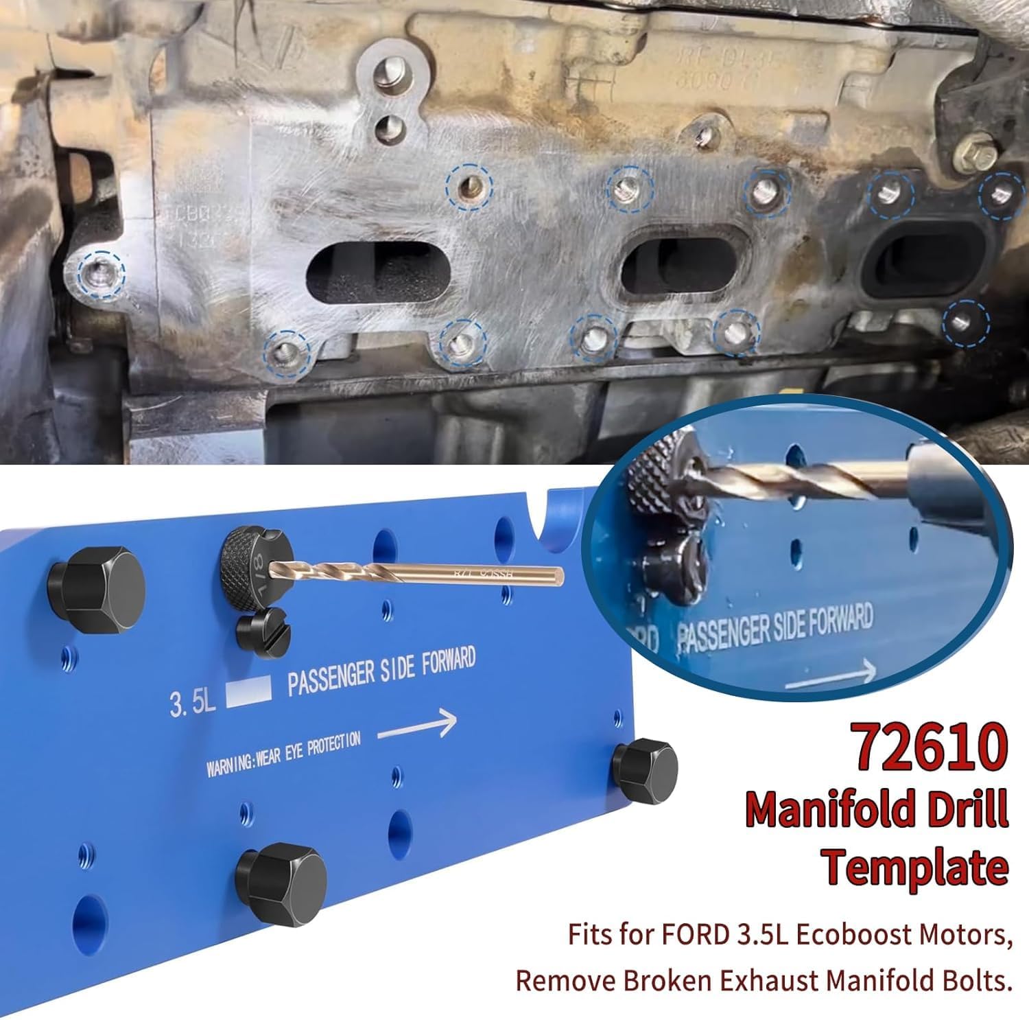 72610 Manifold Drill Template Fits for FORD 3.5L Ecoboost Motors,Remove Broken Exhaust Manifold Bolts