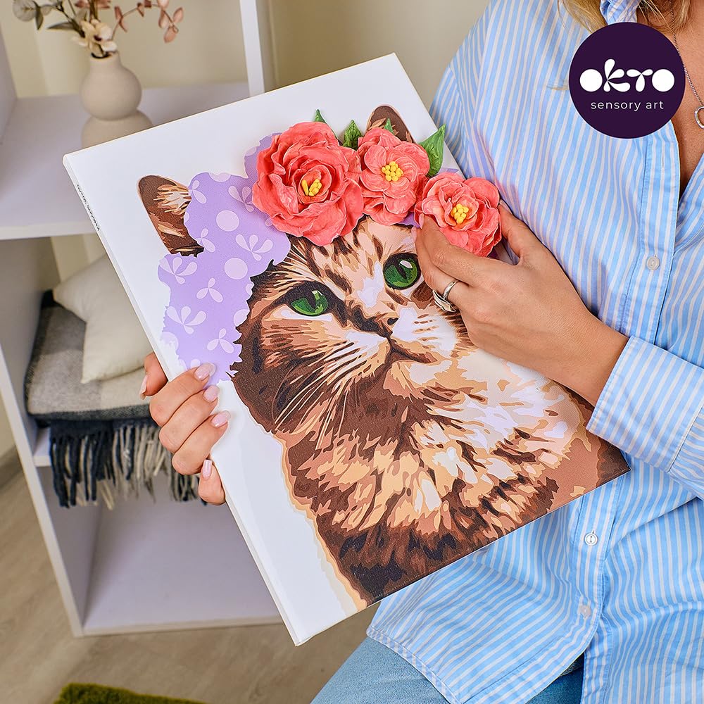 Okto & Ideyka 30010 - Juego de modelado 3D y pintura por números - Elegante gatito - Kit para creatividad y decoración - Arte sensorial - Pintura acrílica y arcilla seca al aire - Tamaño del marco 30