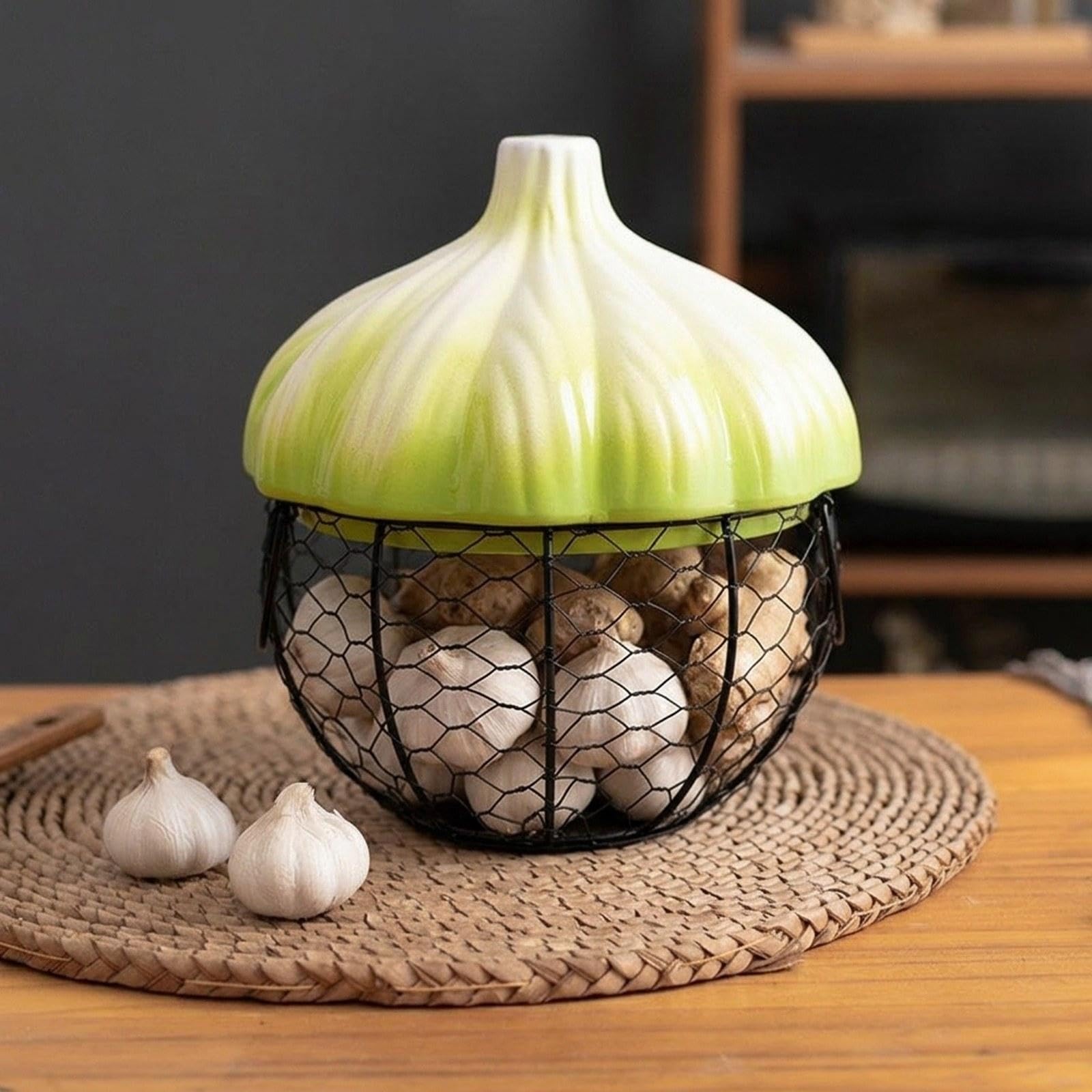 Canasta de Cesta para Guardar Huevos Recipiente de Verduras Frutero Alambre Metálico Cerámica E Hierro con Asa Práctica Adecuado para Pantalla de, Verde, Individual