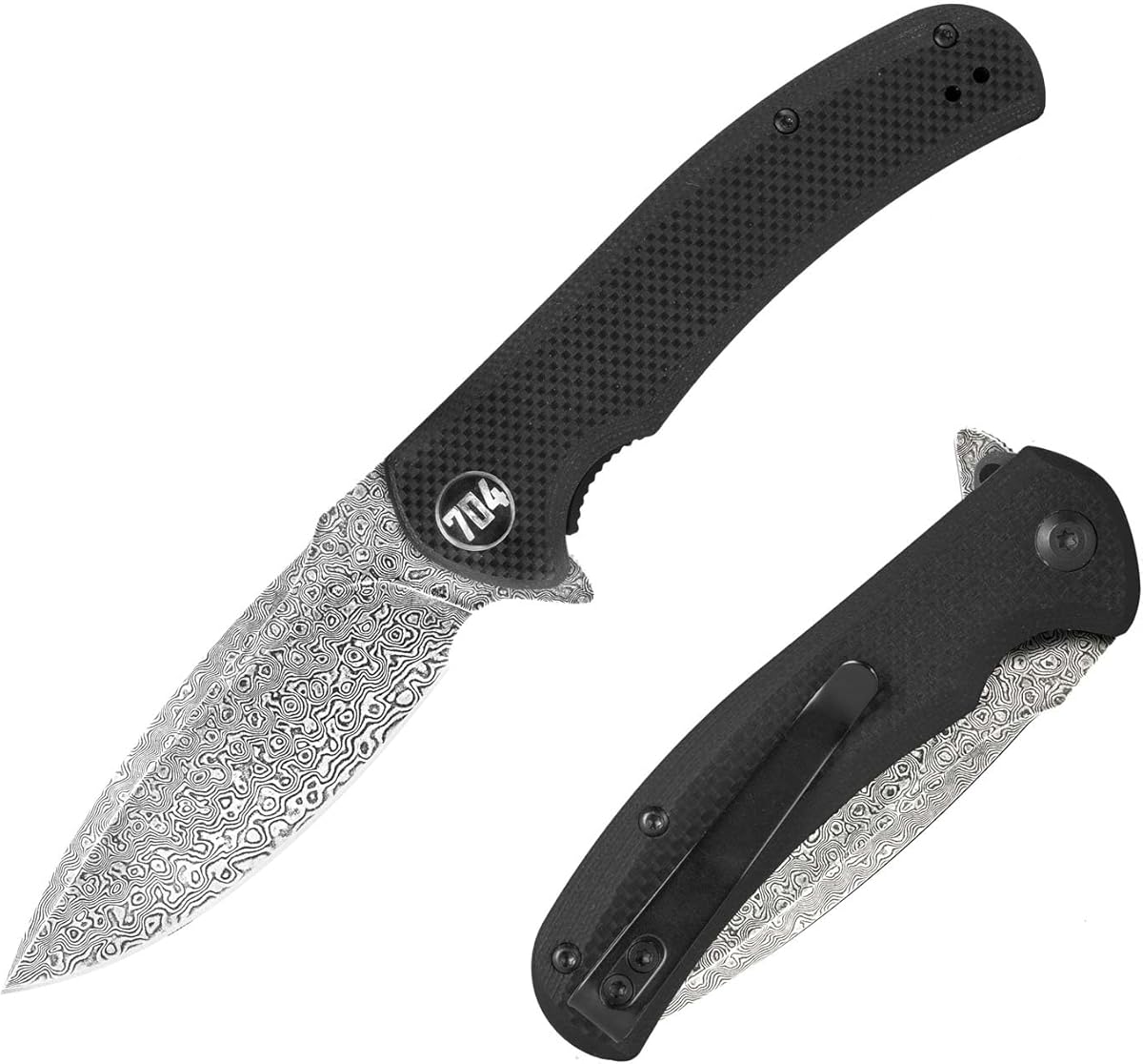 704 Gear Urban Ranger EDC Folding Pocket Knife | Full Size 3.74" Blade, Damascus Steel, G10 Handle, Reversible Pocket Clip | Black with Damascus Steel