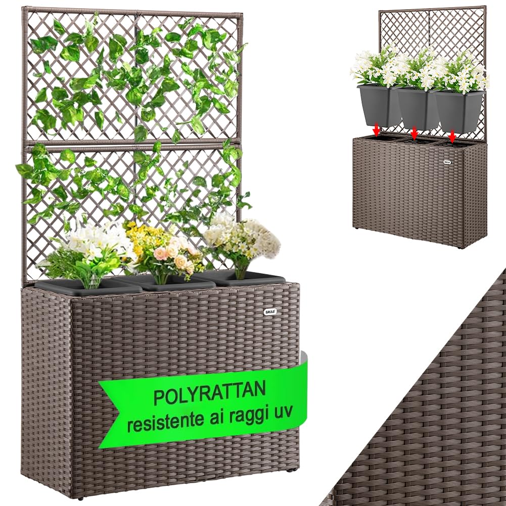 BAKAJI Fioriera da esterno con spalliera in polyrattan, 3 Vasi Removibili Contenitori per Piante, Traliccio da Esterno con grigliato ideale x Giardino, Balcone, Terrazzo, Pianta Rampicante (Marrone)