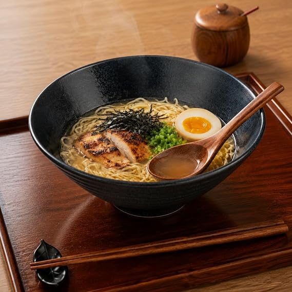 Ceramic Ramen Bowls Set of 2, 59 oz Large Ramen Bowls with Spoons and Chopsticks, 9.25 Inch Ceramic Noodle Bowls for Ramen, Pho, Udon, Soup, Pasta & Salad, Black Japanese Style Serving Bowls