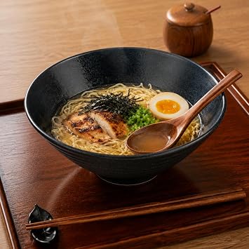 Ceramic Ramen Bowls Set of 2, 59 oz Large Ramen Bowls with Spoons and Chopsticks, 9.25 Inch Ceramic Noodle Bowls for Ramen, Pho, Udon, Soup, Pasta & Salad, Black Japanese Style Serving Bowls
