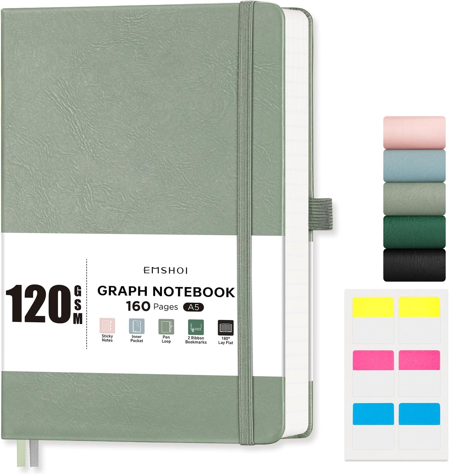 EMSHOI A5 Notebook Graph Paper - 120 GSM Hardcover Leather Squared Journal with Sticky Notes, 160 Pages Grid Notebook for Women Men Work School Graphing, Engineering, 14.5 X 21 cm - Light Green