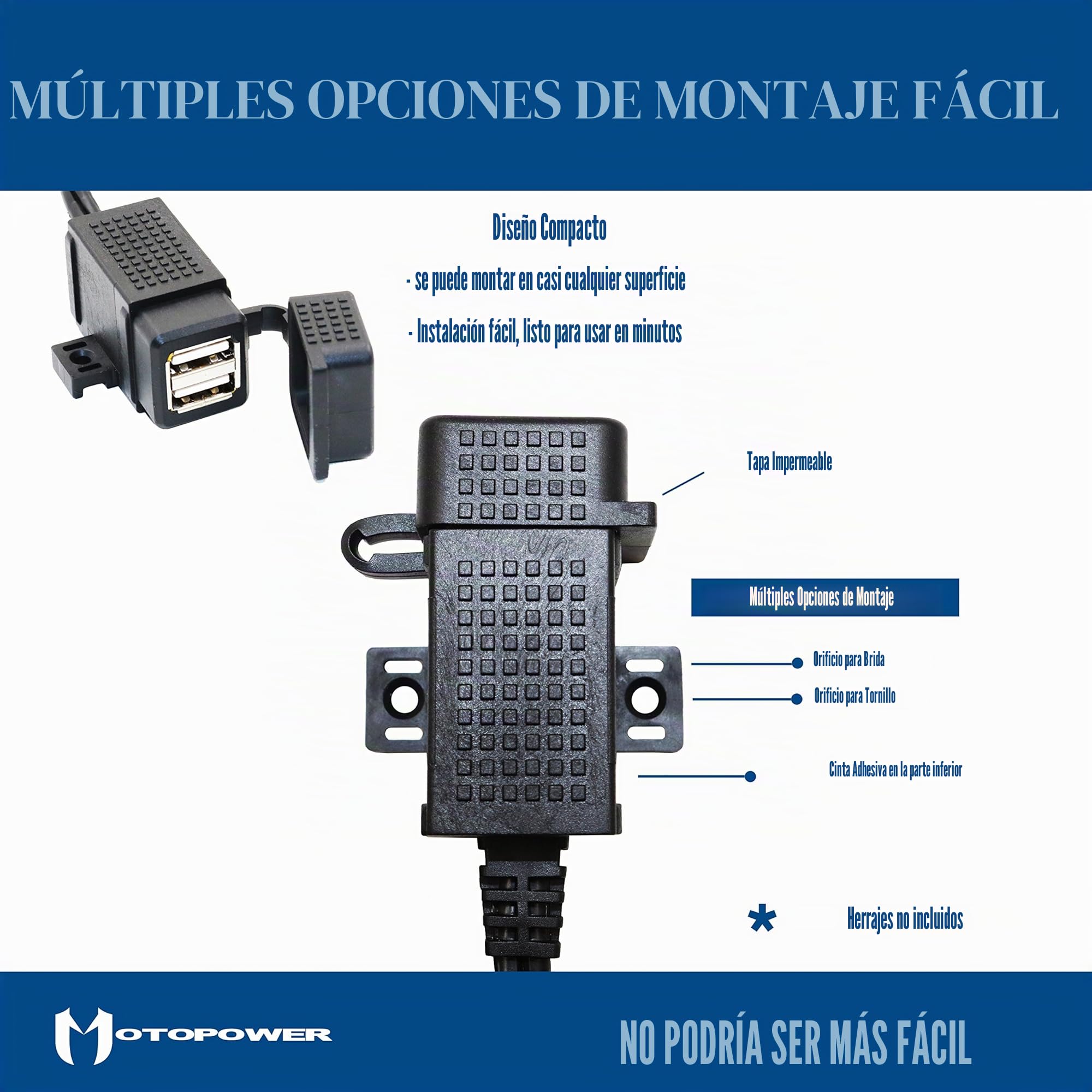 MOTOPOWER MP0609EA - Cargador Doble USB para Motocicleta (3,1 A, Impermeable, con arneses SAE)