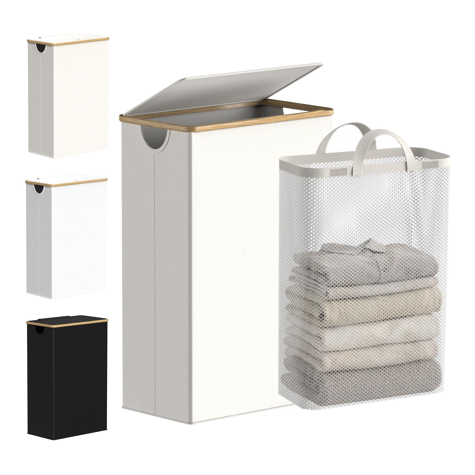 efluky Slim Laundry Basket with Lid, Tall Narrow Washing Basket for Laundry, Folding Small Slimline Laundry Baskets for Dirty Clothes, 63L Cloth Storage Basket Beige