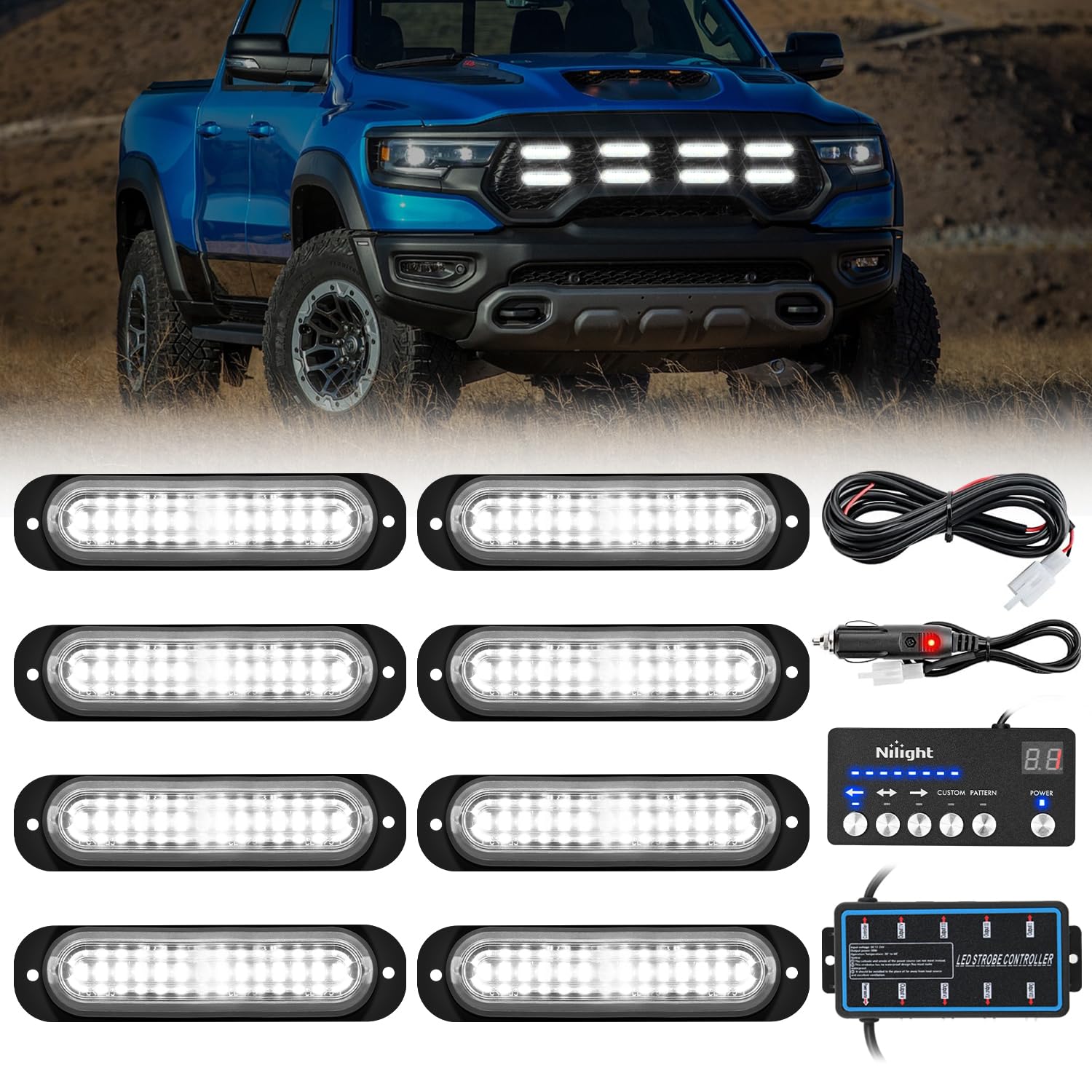 Nilight 8PCS Led Strobe Lights with Controller 12V 24V Sync Feature White Strobe Light 12 LED Surface Mount Emergency Hazard Warning Lights with