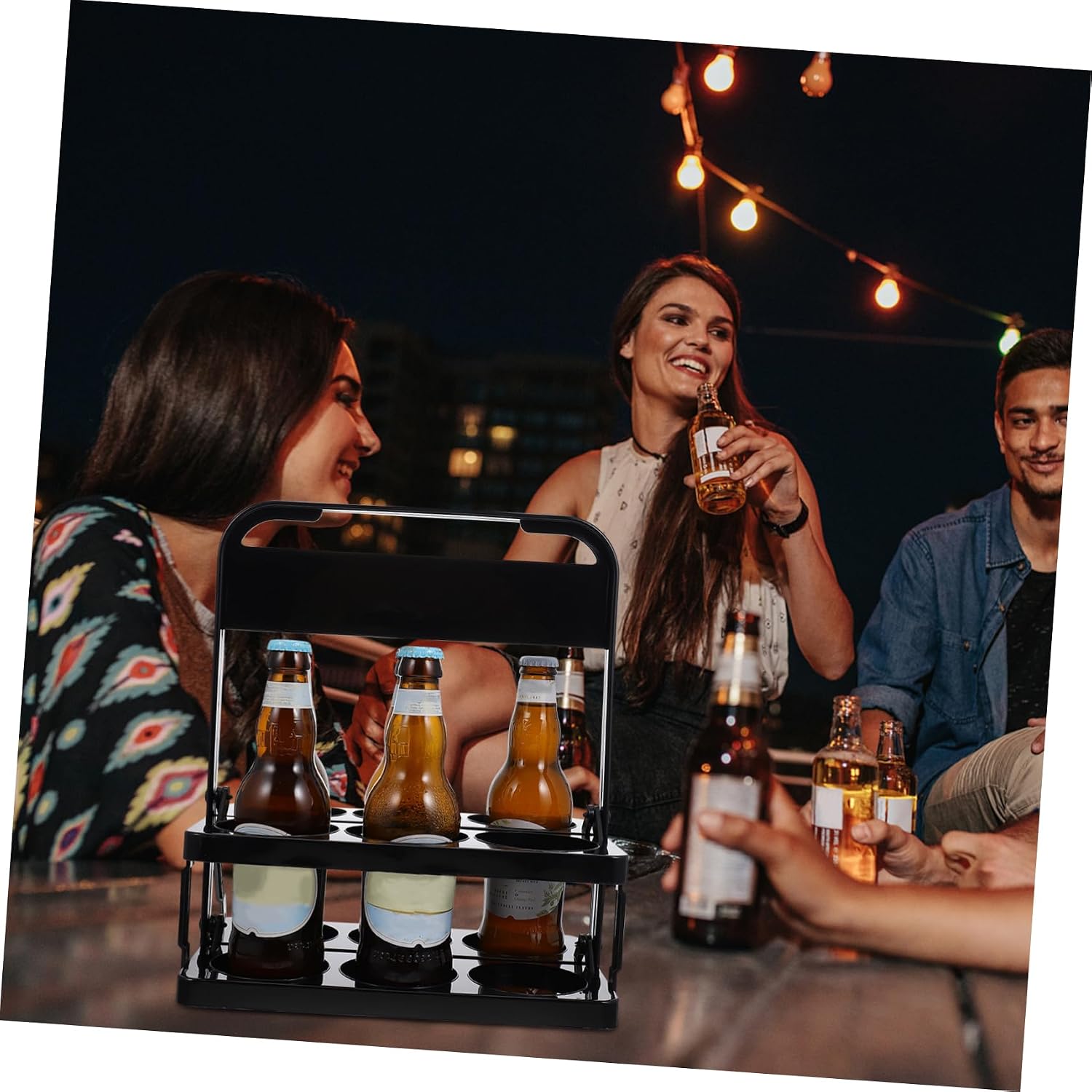 Portable Foldable Beer Bottle Basket for 6 Bottles Black Wine Holder for Parties and BBQs Sturdy and Convenient Drink Carrier