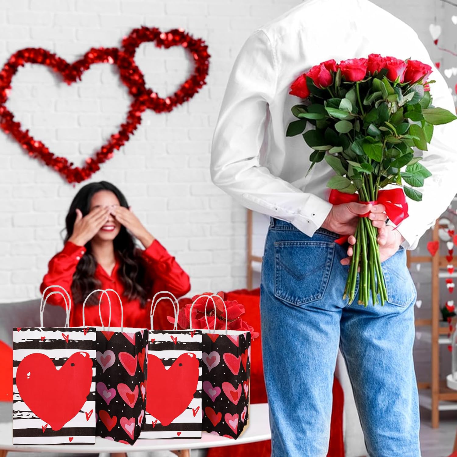 100 Stück Valentinstags-Geschenktüten Mit Griff – Herzförmiges Fenster, 24x16 Cm