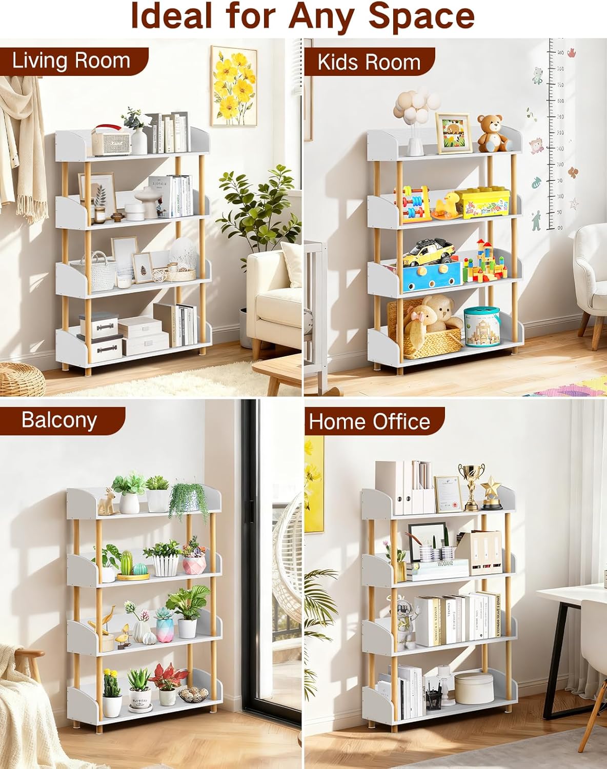 4-Tier Wooden Bookshelf, Modern Open Bookcase with Solid Wood Frame and Top Edge, Sturdy Freestanding Storage Organizer for Living Room, Bedroom, Home Office (White)
