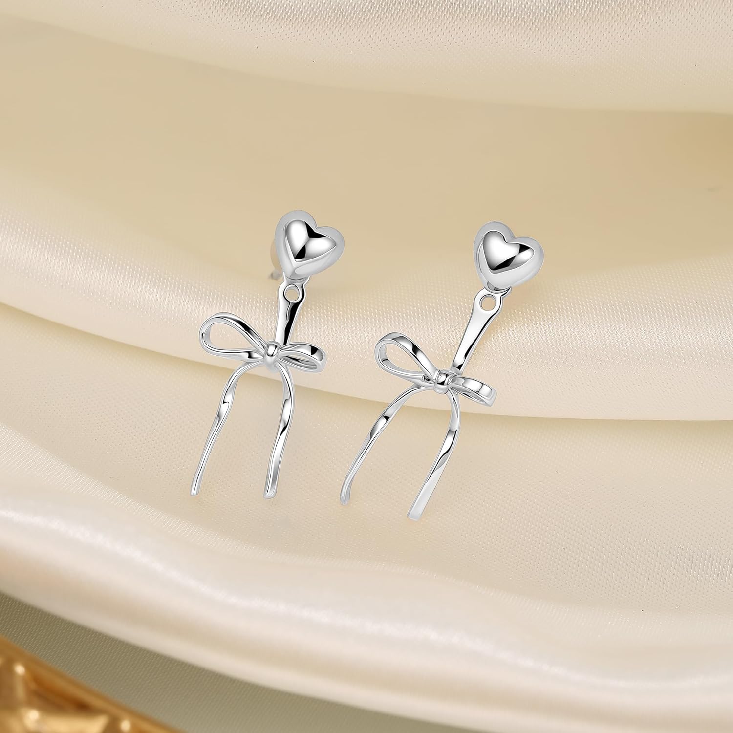 Small Pearl Bow Earrings for Women 925 Sterling Silver Post 14K Gold Plated Cute Bow Drop Dangle Mini Heart Pearl Stud Earrings - Image 6