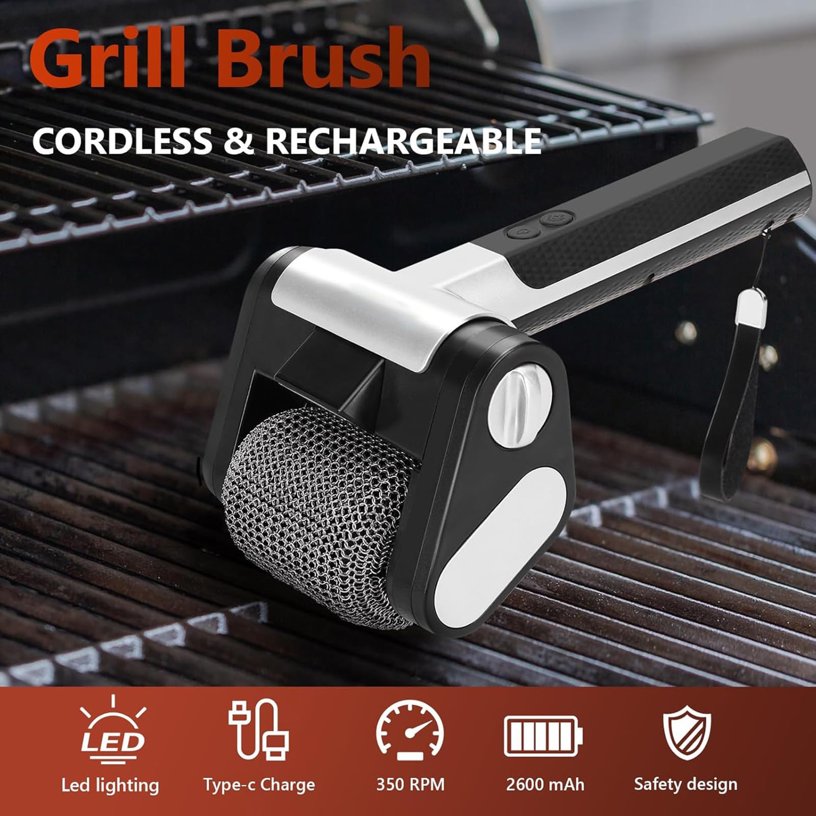 Limpiador eléctrico de parrilla, cepillo recargable para barbacoa con rodillo de acero inoxidable de 350 RPM y luz LED, herramienta sin cerdas para una limpieza eficiente de barbacoas y parrillas