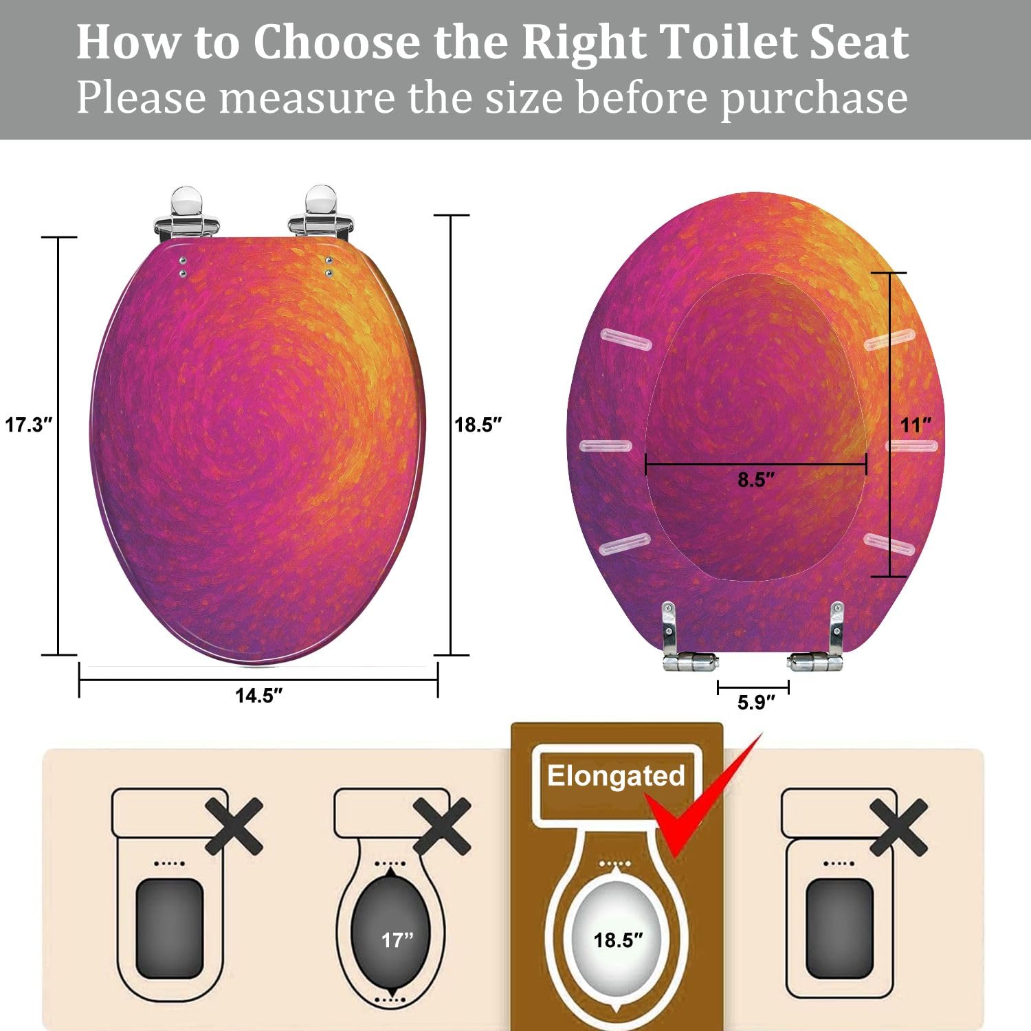 Elongated Toilet Seat purple blue red orange yellow paint spatter Resin Toilet Seat Quietly Close Quick Release Hinges with Cover Bumpers Decorative Easy to Install Clean