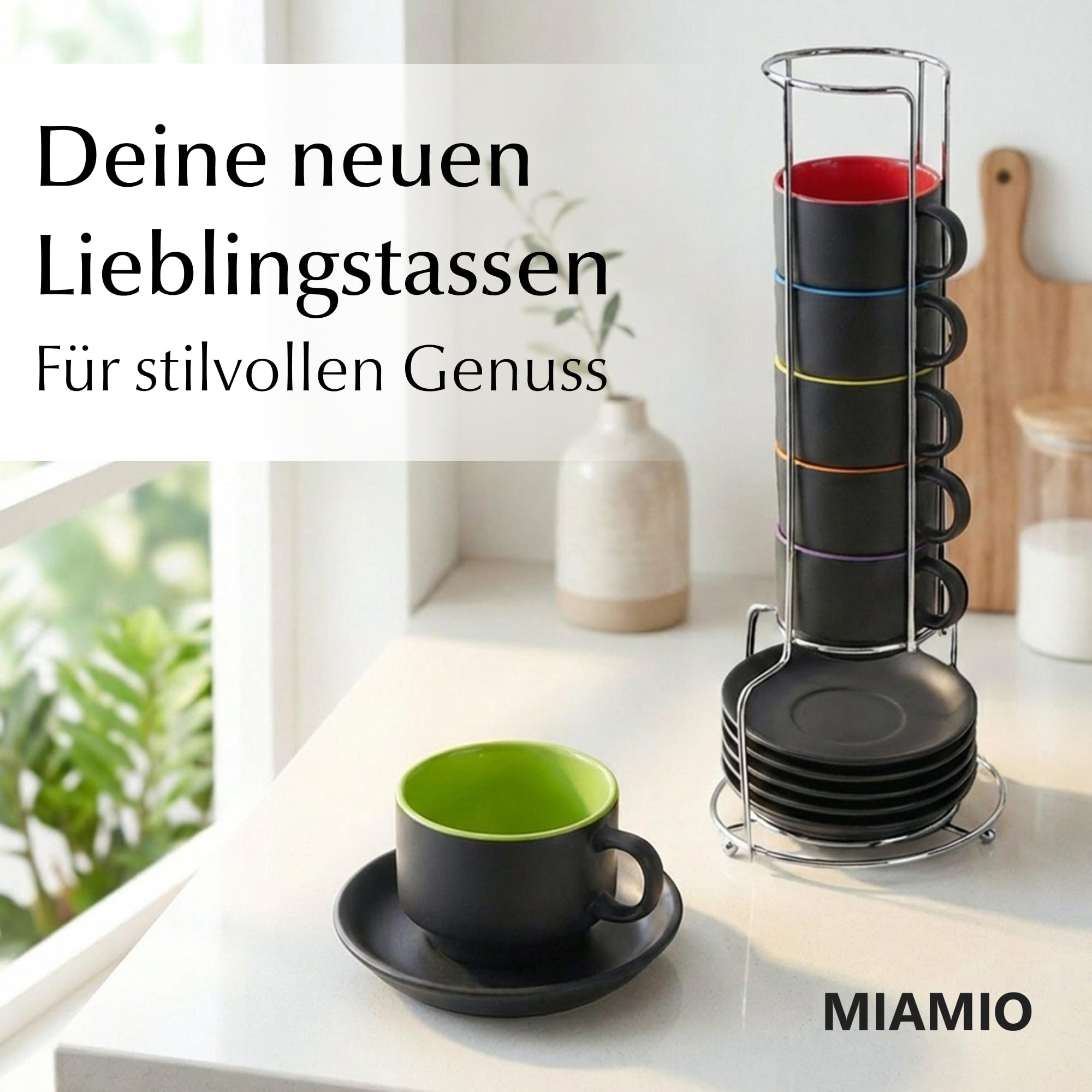 MIAMIO - 6 x 75 ml Espressotassen Set/Espresso Tassen Set mit Untertasse & Ständer - Kaffeetassen Set 6er Kaffeebecher Keramik - Le Papillon Kollektion (Bunt)