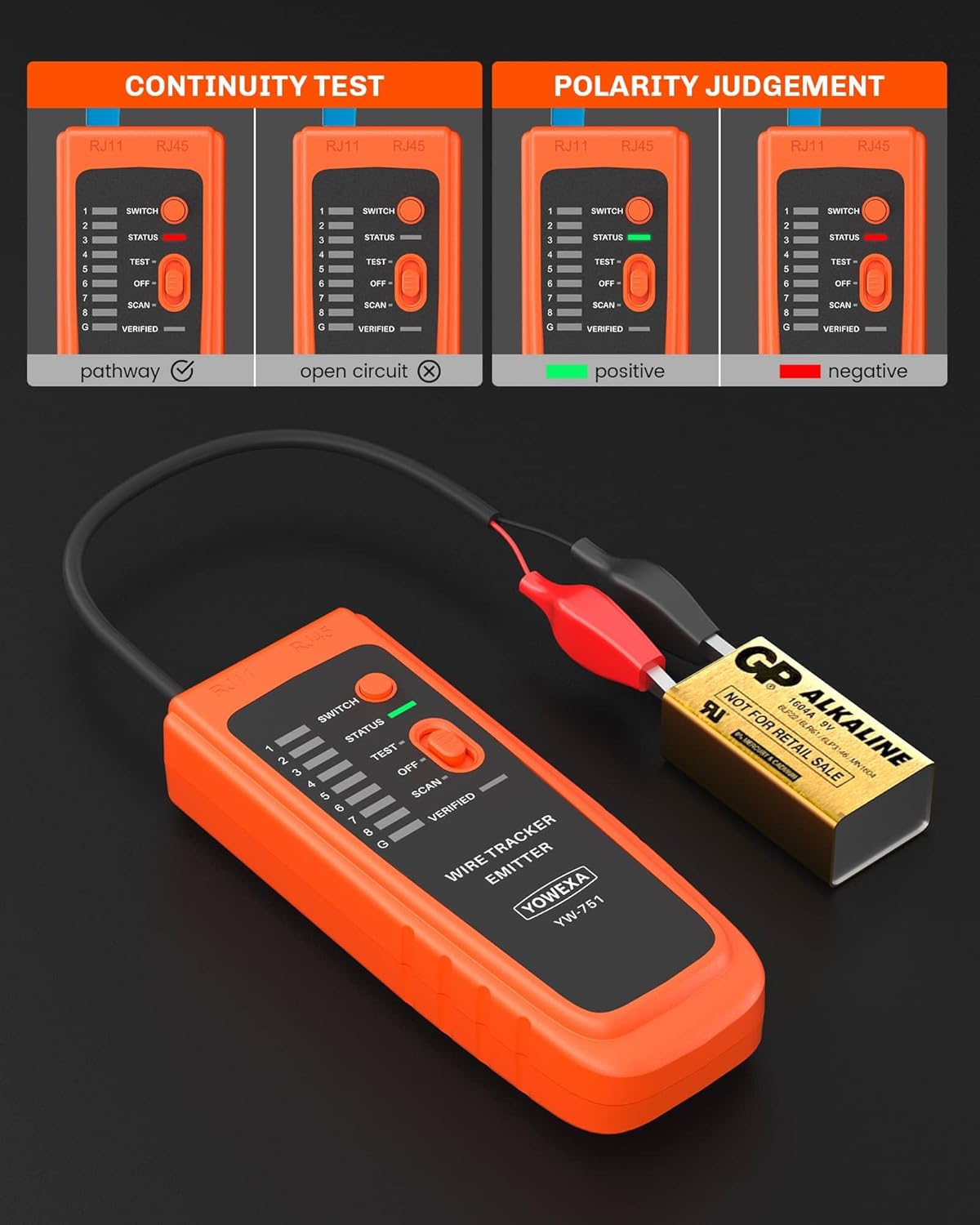 Network Cable Tester, YOWEXA Digital Signal Wire Tracer, RJ45 RJ11, for CAT5/6/POE/STP, Supports Continuity Test & Wire Mapping, for Ethernet, Telephone Line, Electrical Cable Sorting & Maintenance
