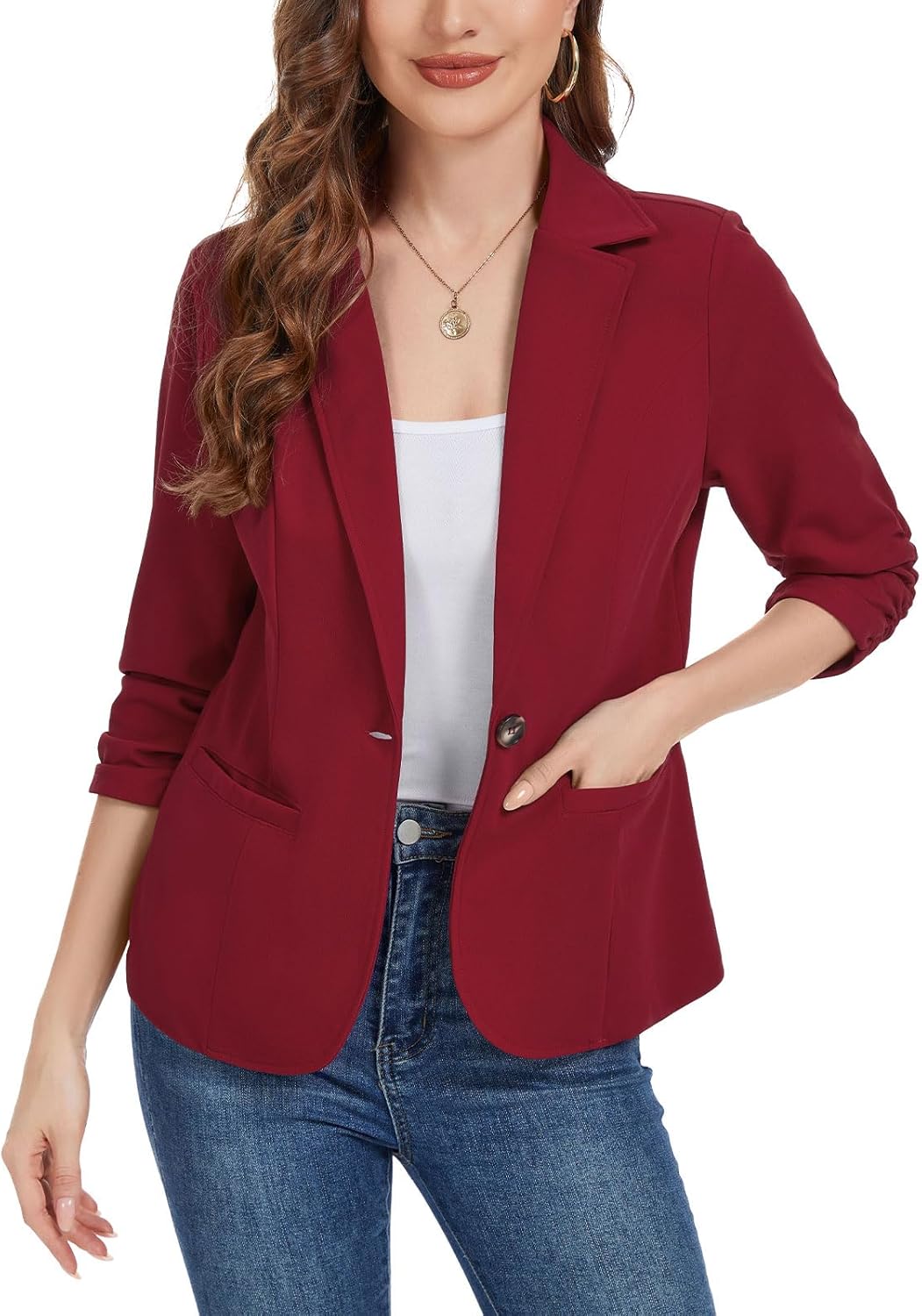 Women's Casual Blazer Jacket Elegant Work Office Dressy 3/4 Ruched Sleeve Comfortable Stretchy Blazer Outfit *Red,Size L* - Image 5