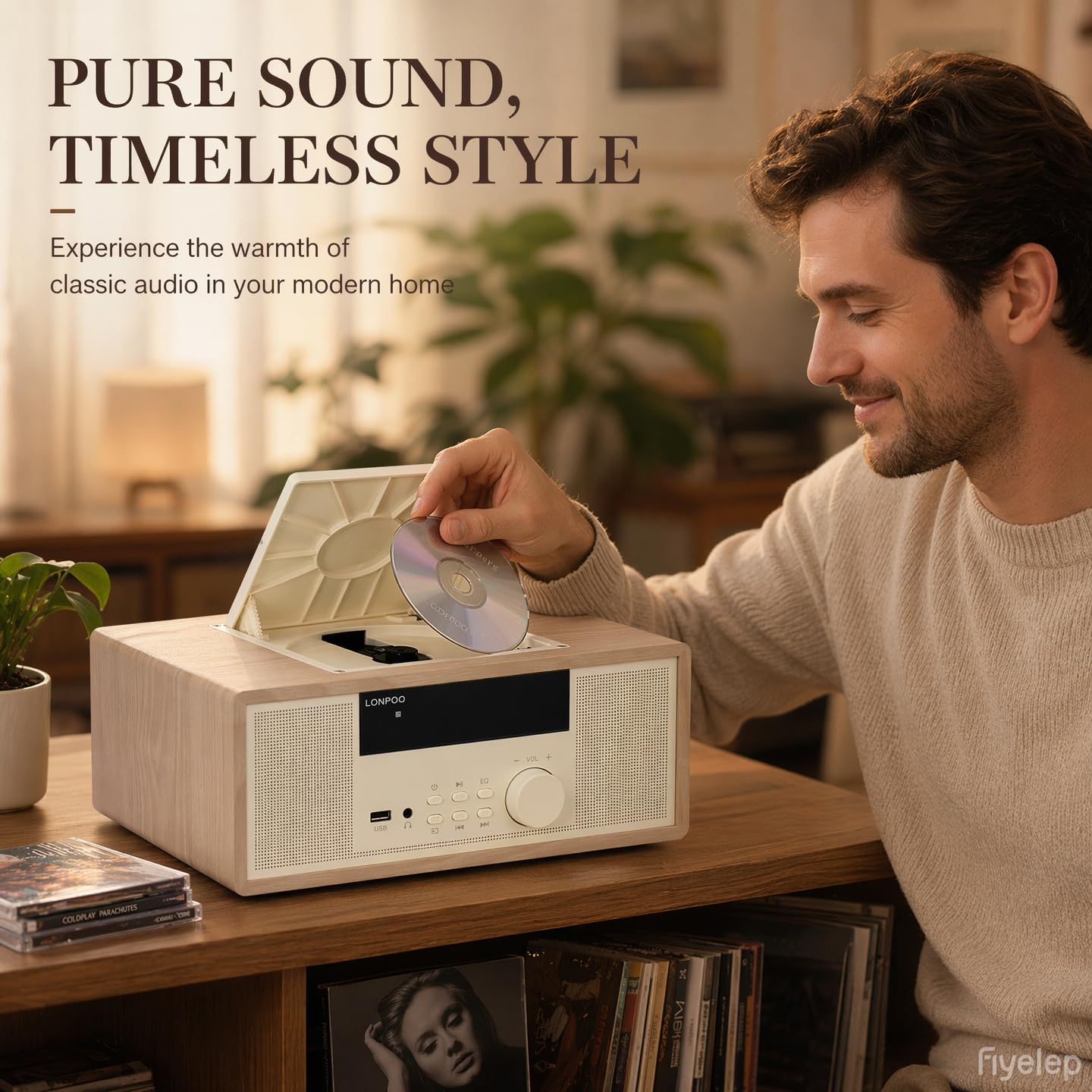LONPOO Kompaktanlage 30W Retro-CD-Stereoanlage mit CD-Player | Bluetooth, UKW-Radio, AUX-Eingang, USB, Kopfhörerausgang, DSP-Technologie, klassisches Holzdesign, Fernbedienung (LP-818Y)