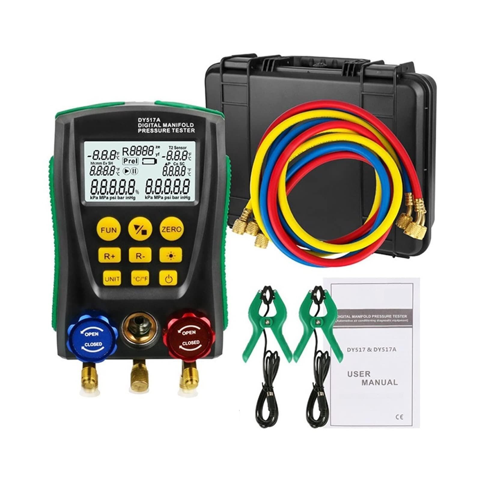 Cyfrowy miernik kolektora, Digital Pressure Gauge Refrigeration Vacuum Manifold Tester Meter Hvac. Temperature For Car Repair(DY517A)