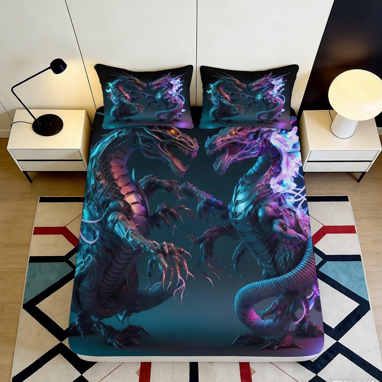 3D Printed Neon Dragon Fitted Sheet Microfiber Soft Breathable Electric Serpent Mattress Cover Bedroom Decor 90x200x25cm