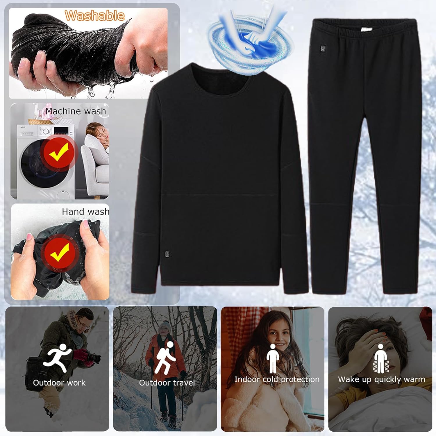 Men's Heated Underwear Outdoor Smart Electric Heating Thermal Baselayer Shirt and Bottoms for Hunting Riding Fishing