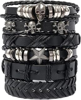 Skull Leather Bracelet, 6Pcs Charm Ethnic Tribal Braided Leather Bracelet, Adjustable Cuff Wrap Bracelet Wristbands for Men Women L2US-2736552