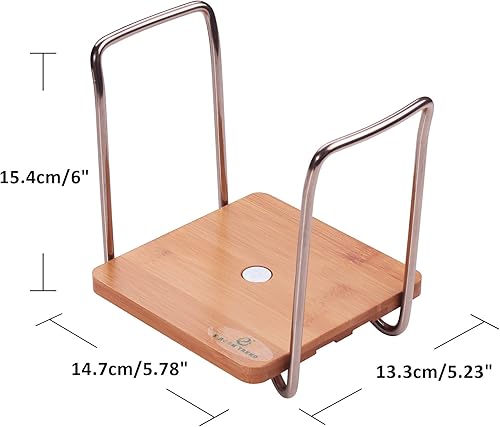 Miniatura 4 de Soporte para platos, pequeño y grande, paquete de 2 unidades para platos de 6 a 13 pulgadas, base redonda de madera marrón café con acero inoxidable