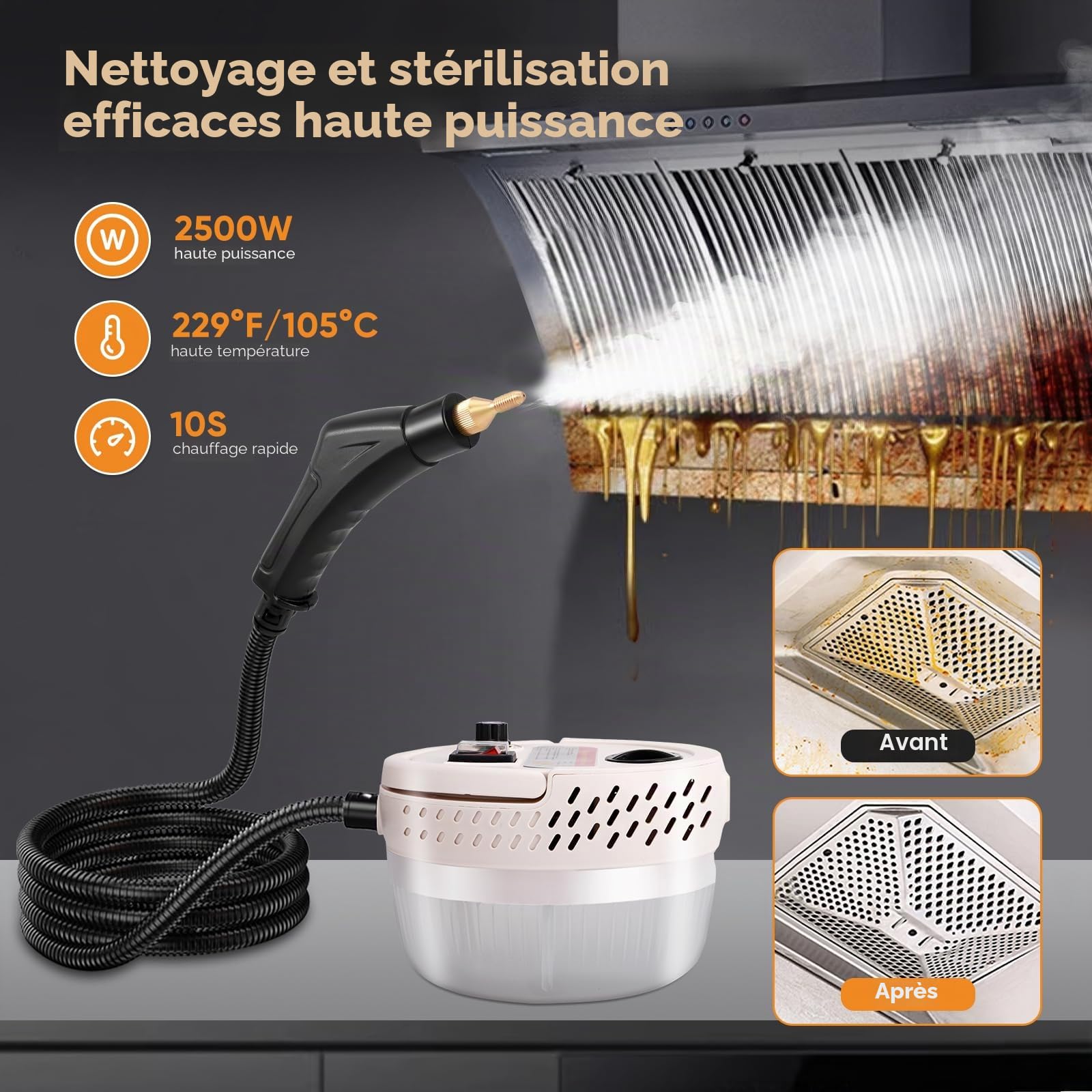 Nettoyeur vapeur 2500W, purificateur de vapeur à main, 1400ML grand réservoir d’eau, 6 vitesses réglables, 3 types de têtes de brosse pour tous les meubles de cuisine plancher salle de bain voiture