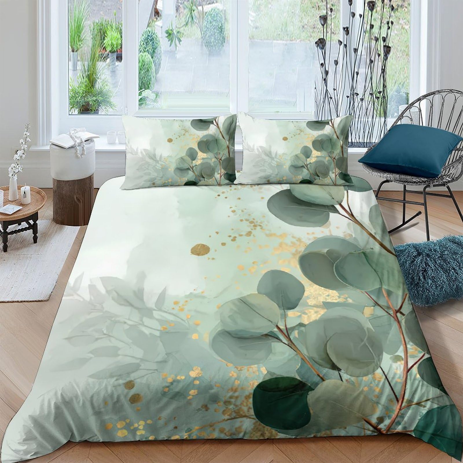 Ctjqhvkz Style-5 3D Printed Eucalyptus Leaves Fitted Sheet Microfiber Soft Green Botanical Gold Bed Cover For Bedroom Guest Room Decor Single（135X200cm）