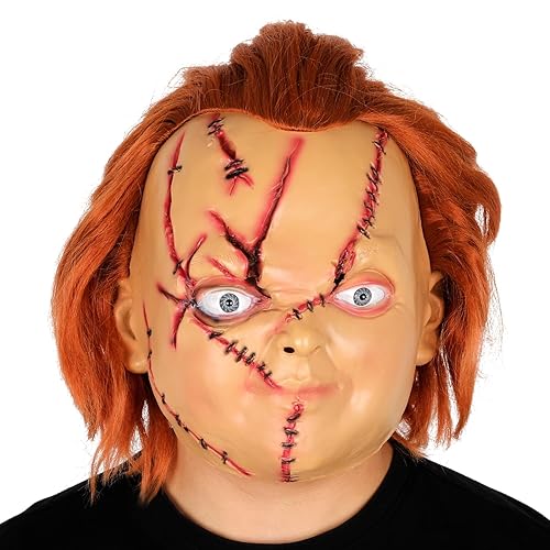 Halloween Scary Killer Mask with Gold Hair, Horror Latex Face