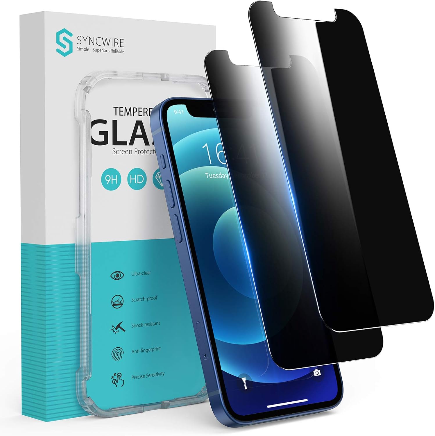SYNCWIRE Privacy Screen Protector for iPhone 12 Mini 5.4" [2-Pack], Anti Spy Tempered Glass Film with Auto Alignment Tool [9H Hardness, Shatterproof, Bubble Free, Sensitive Touch, Anti-Smudge]