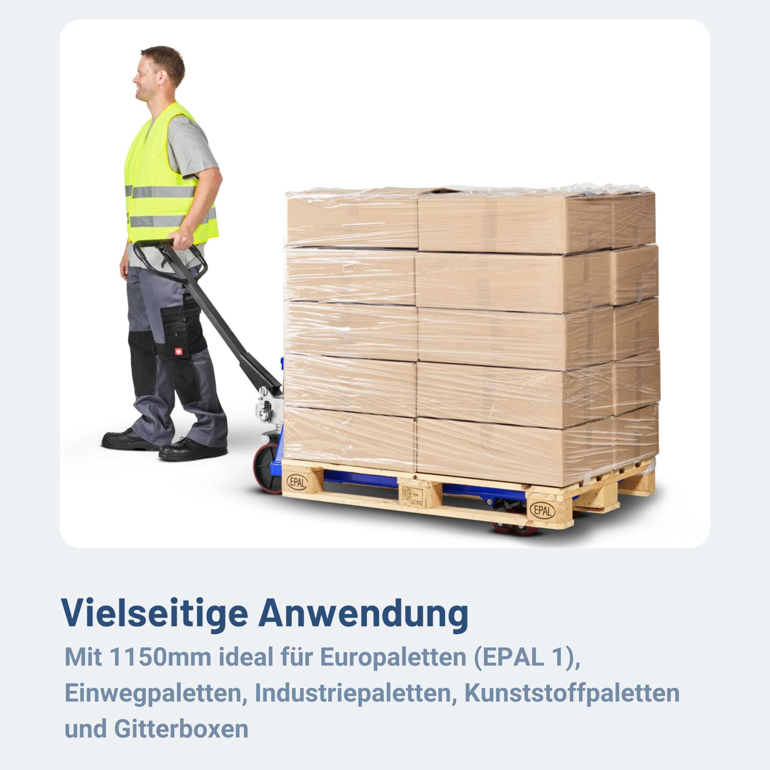 Pallit Hubwagen 2500 kg aus Stahl 1150 mm Gabellänge Five-R Gummirollen Gabelhubwagen Handhubwagen Palettenwagen Blau