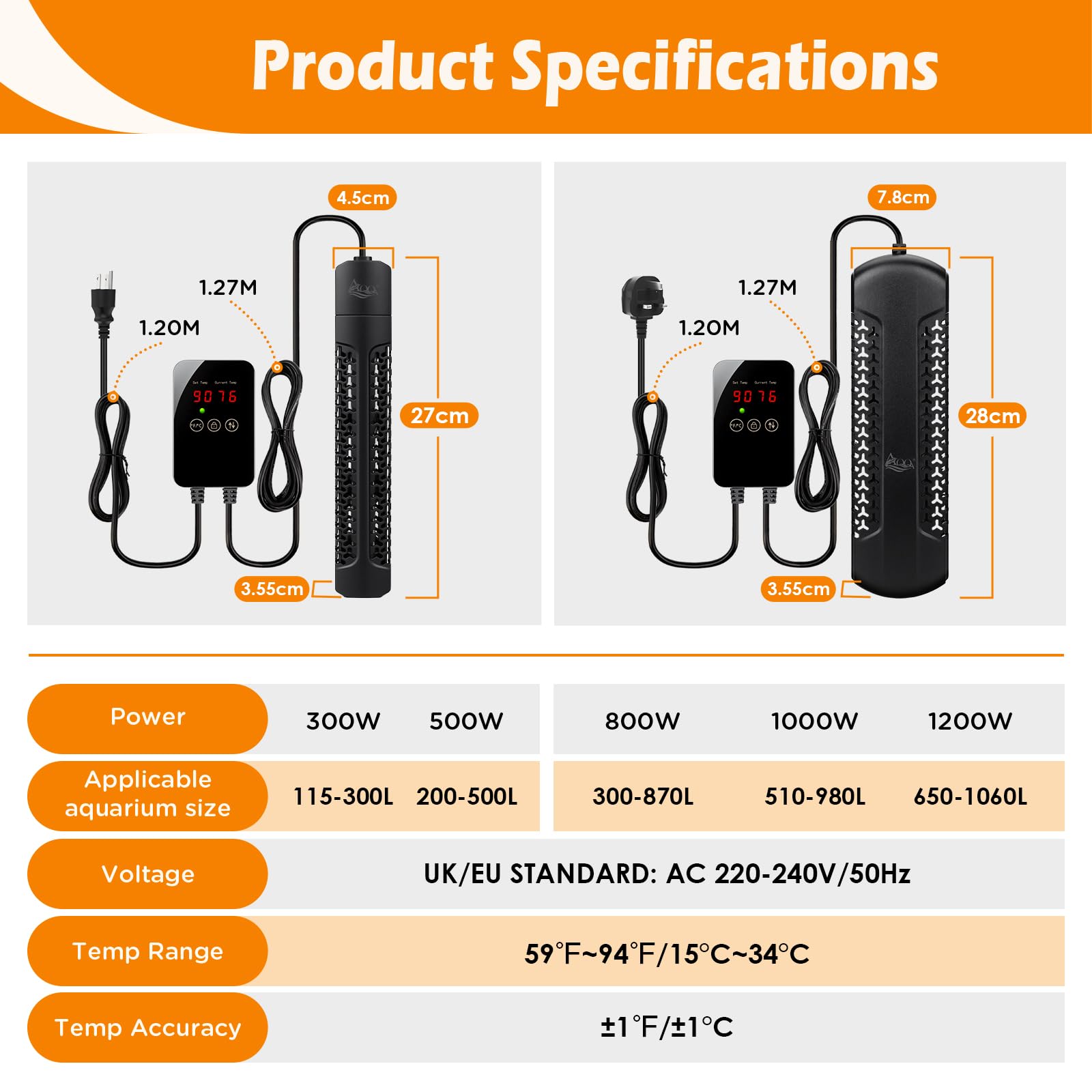 AQQA Aquarium Heizung,1200W Tauch Aquarium Heizstab mit Externem LED Thermostat Controller,Einstellbare Heizer für Aquarium,Überhitzungsschutz,für 650-1060L Süßwasser Salzwasser