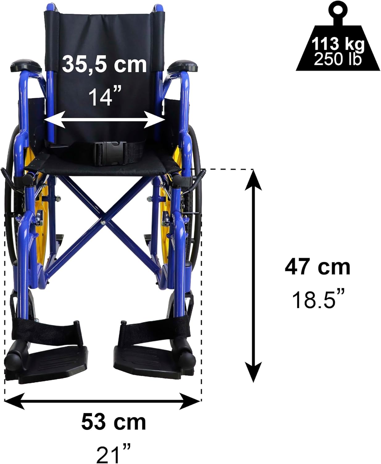 Diagram showing the dimensions of the PEPE Mobility P10030 wheelchair, including seat width and height.