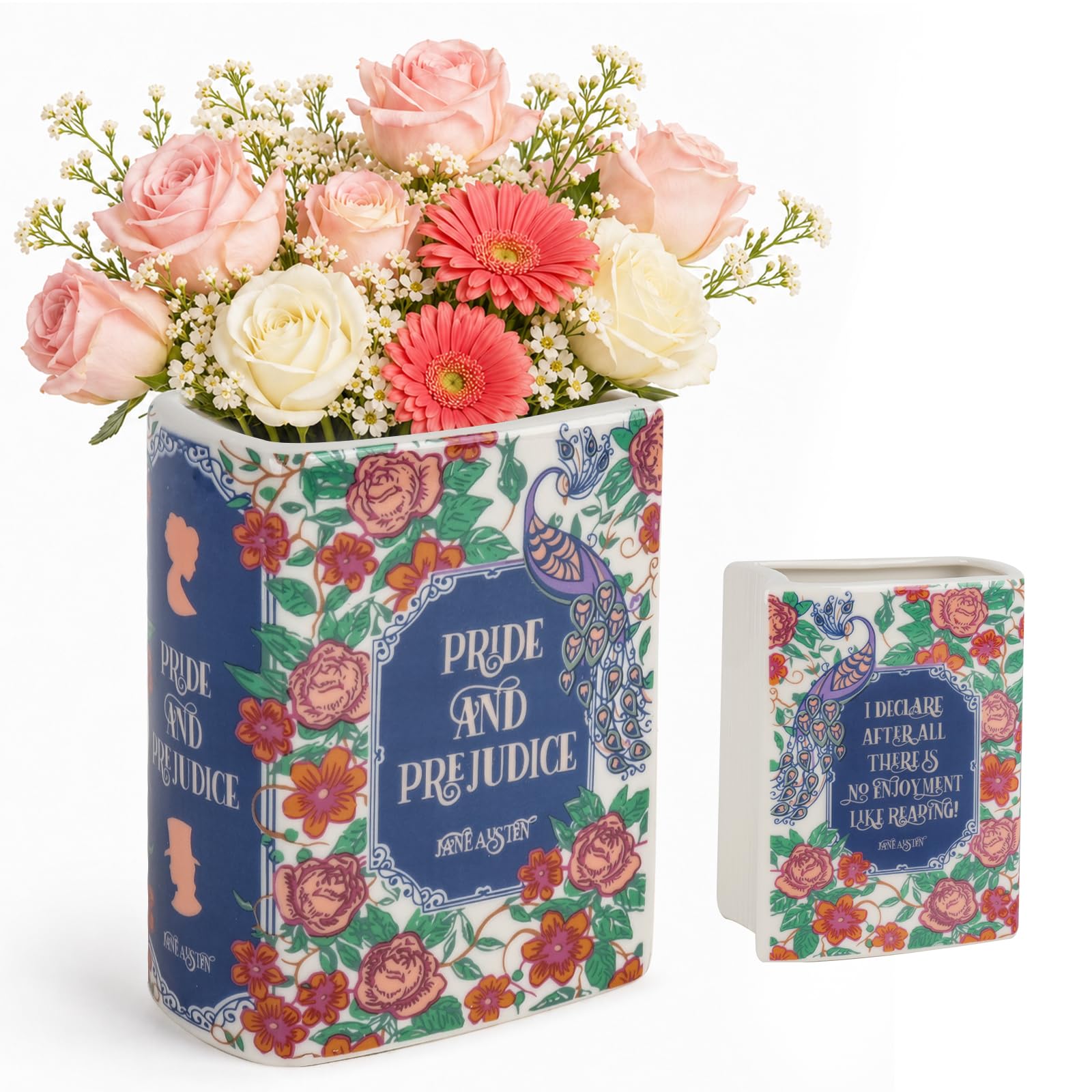 RNPKZ Ceramic Book Vase for Flower, Small Book Shaped Decorative Vase, Aesthetic Book Flower Vase,Vintage Unique Book Shaped Vase for Bookshelf Dcor Room Home Book Lovers Gifts (Pride and Prejudice-B)