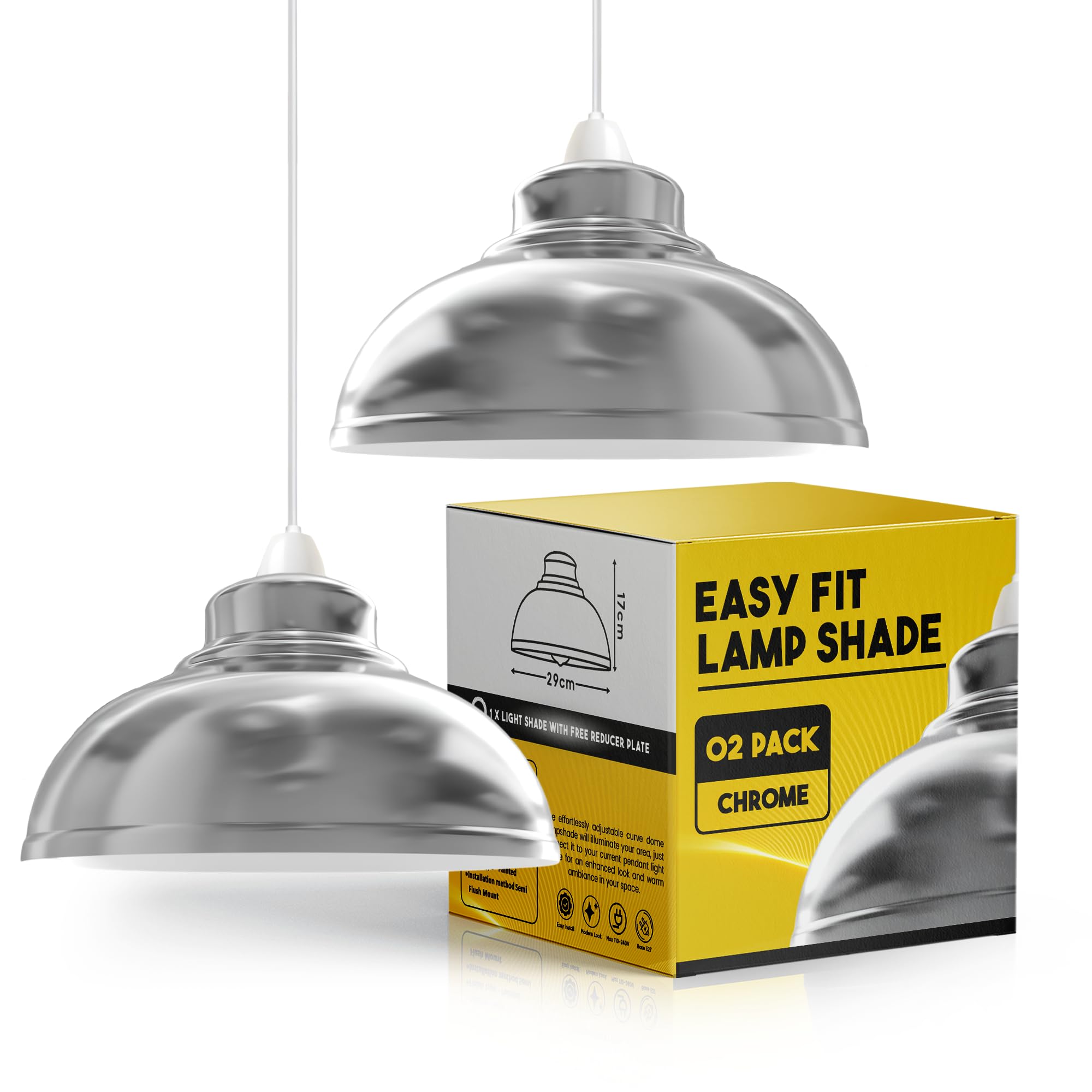LEDSone Metal Chrome Ceiling Lamp Shade 29cm Easy Fit Light Pendant Modern Ceiling Lighting Shade for Bedroom, Hallway, Office Industrial Kitchen Hanging Home Decor Light Shade Pendant