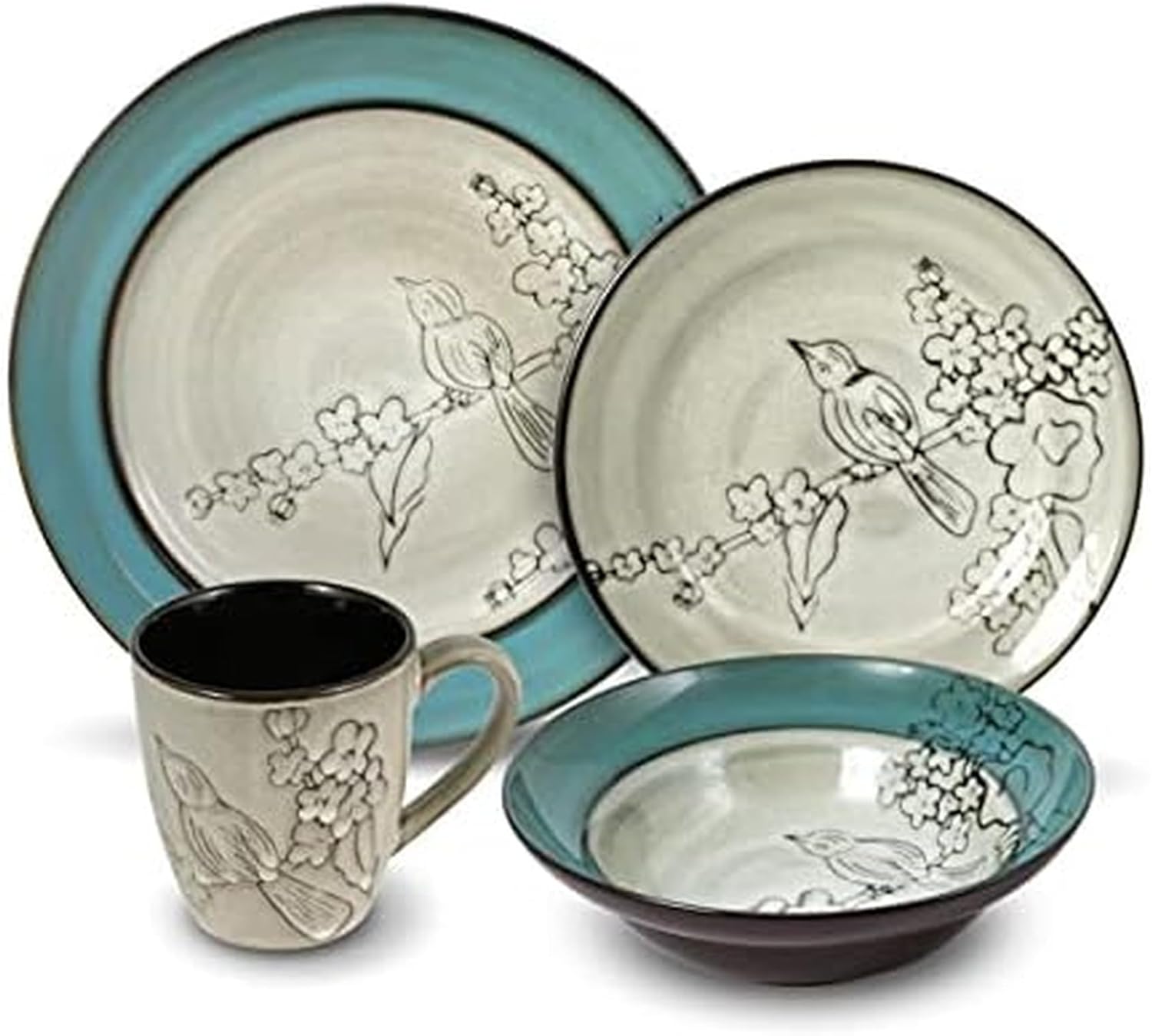 Gourmet Basics by Mikasa Song Bird Dinnerware Set, 16 Piece, Green, Gray