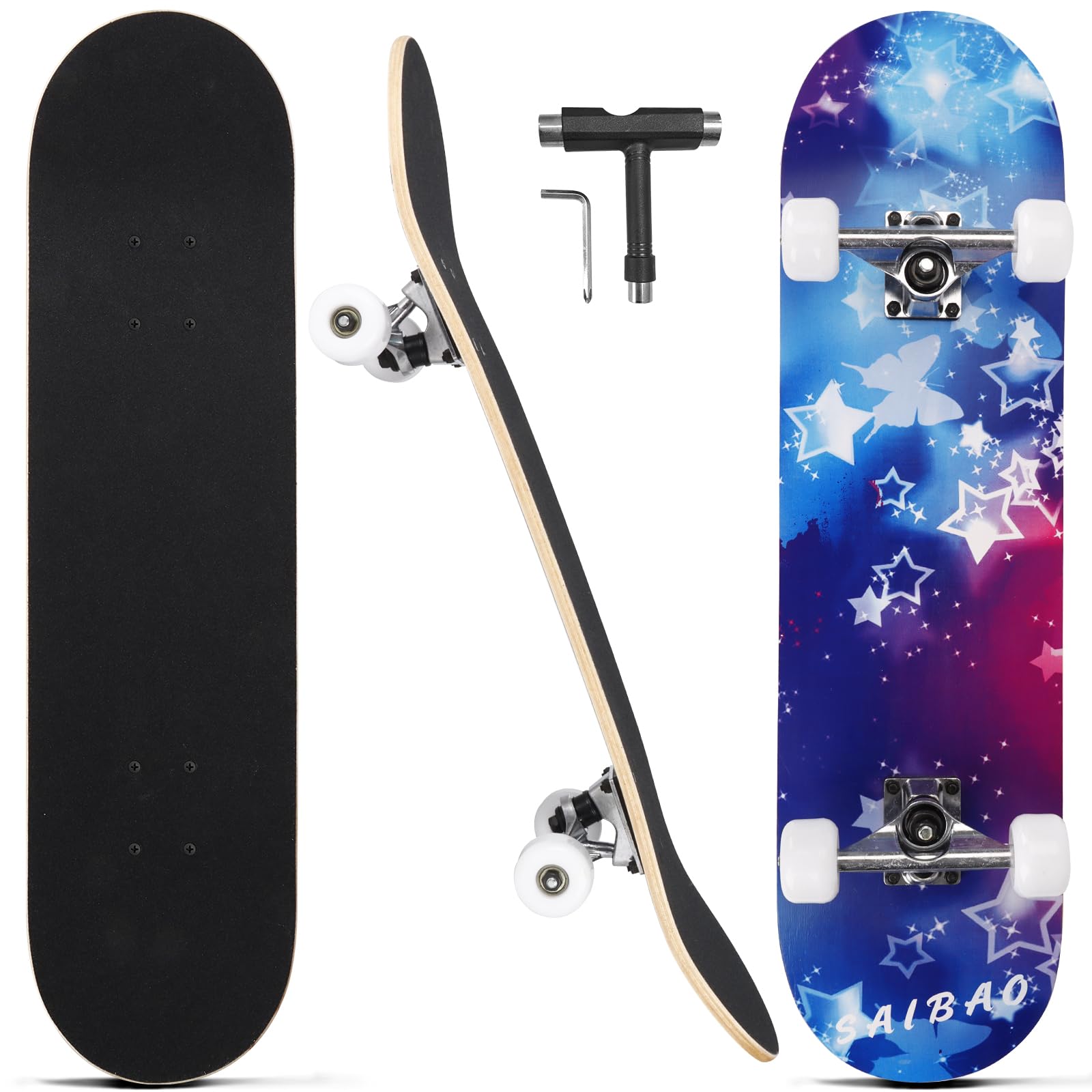 CAPARK Skateboards for Beginners Adults Youths Teens Kids Ages 8-12 Girls Boys 31 Inch Pro Complete Skate Boards 7 Layer Canadian Maple Double Kick Concave Longboards (Sky)