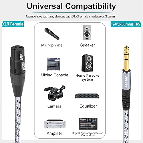 Miniatura 8 de XLR hembra a 14 de pulgada 0.250 in TRS cable de interconexión equilibrado, cable XLR a cuarto de pulgada, 6.6 pies, paquete de 2 para micrófono,