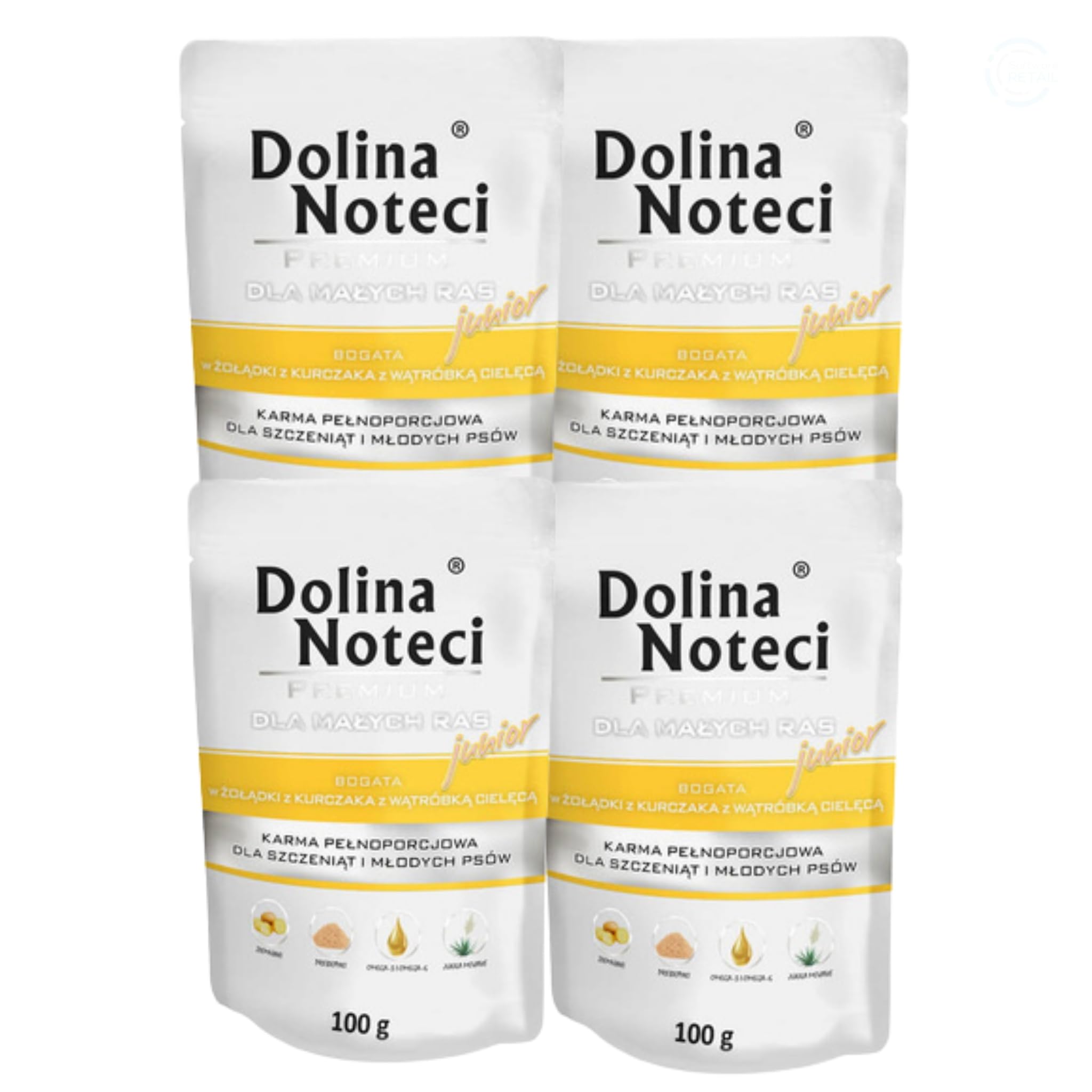 Dolina Noteci Premium Puppy Food for Small Breeds - Chicken Gizzards & Veal Liver - Complete Wet Dog Food - Grain-Free Natural Recipe - 4x 100g Pouches - Digestive Support